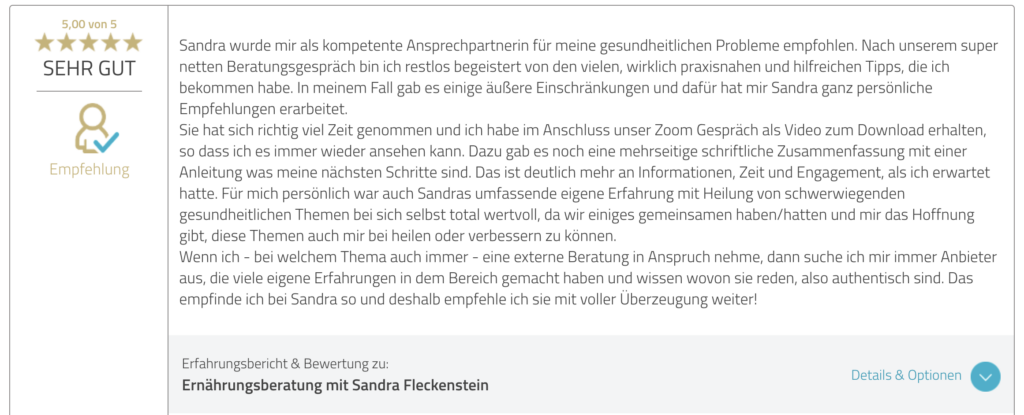Kundenbewertung bei ProvenExpert für die Ernährungsberatung mit Sandra Fleckenstein