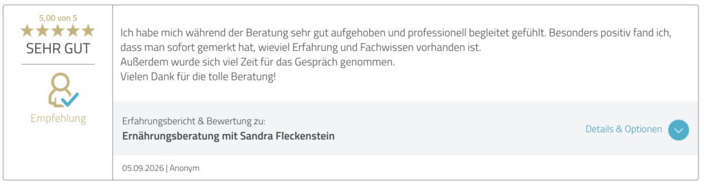 Kundenbewertung bei ProvenExpert für die professionelle Ernährungsberatung mit Sandra Fleckenstein