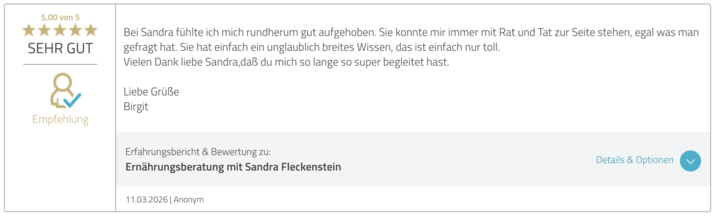 ProvenExpert-Bewertung mit fünf Sternen über die langjährige Begleitung durch Sandra